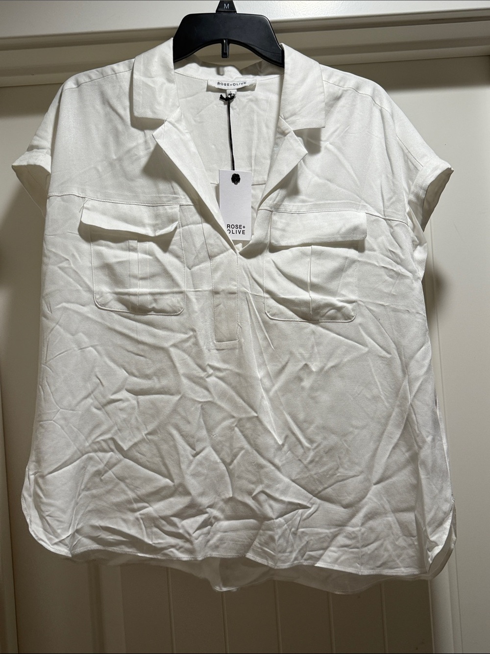 Rose & Olive White Short-Sleeve Blouse with Chest Pockets